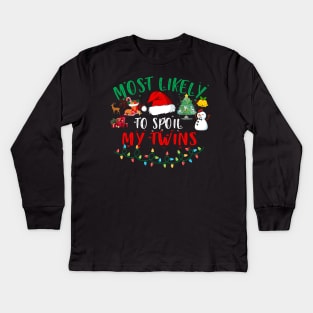 Most Likely To Spoil My Twins Funny Christmas announcement Baby Kids Long Sleeve T-Shirt